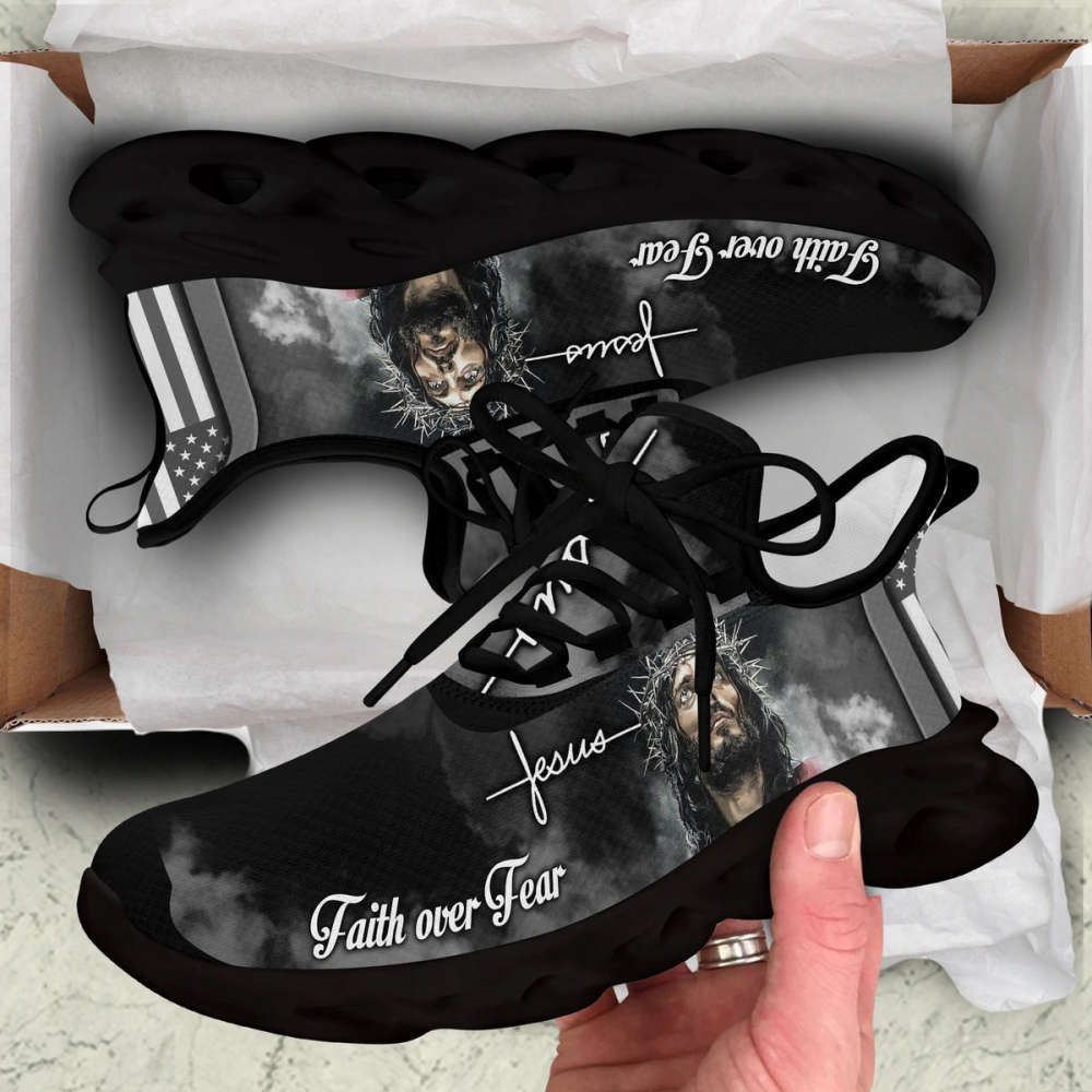 White And Black Jesus Faith Over Fear Running Sneakers Max Soul Shoes For Men And Women